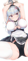Rule 34 | 1girl, absurdres, apron, armpits, arms up, azur lane, bare shoulders, black hairband, black panties, blush, breasts, clothing cutout, dido (azur lane), e sky rugo, earrings, frills, hairband, highres, jewelry, large breasts, long hair, looking at viewer, maid, panties, partially visible vulva, purple eyes, restrained, silver hair, sitting, sleeveless, solo, spread legs, thighhighs, underboob, underboob cutout, underwear, waist apron, white apron, white thighhighs