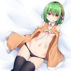 Rule 34 | 1girl, :q, bare shoulders, bed sheet, black panties, black thighhighs, blush, breasts, brown dress, chunithm, closed mouth, collarbone, commentary request, detached collar, dress, green hair, groin, hair between eyes, head tilt, headphones, kyuukon (qkonsan), looking at viewer, lying, medium breasts, navel, no bra, on back, orange eyes, panties, ribbon, sky feather, sleeveless, sleeveless dress, slit pupils, smile, solo, thighhighs, tongue, tongue out, underboob, underwear, white ribbon, wing collar