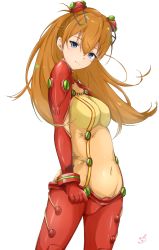 Rule 34 | 1girl, artist request, blue eyes, bodysuit, breasts, brown hair, covered navel, curvy, evangelion: 2.0 you can (not) advance, floating hair, highres, lips, looking at viewer, multicolored bodysuit, multicolored clothes, neon genesis evangelion, plugsuit, rebuild of evangelion, red bodysuit, shiny clothes, shiny skin, skin tight, smile, solo, souryuu asuka langley, standing, test plugsuit, two side up, white background, wide hips