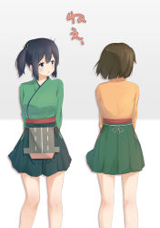 Rule 34 | 10s, 2girls, arms behind back, blue eyes, blue hair, brown hair, from behind, hiryuu (kancolle), japanese clothes, kantai collection, kimono, looking at another, multiple girls, short hair, skirt, souryuu (kancolle), suke (momijigari), twintails