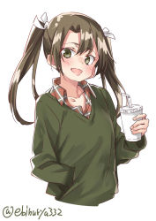 Rule 34 | 1girl, :d, alternate costume, bendy straw, blush, collarbone, collared shirt, commentary request, cropped torso, cup, disposable cup, drinking straw, ebifurya, green eyes, green sweater, grey hair, hair ribbon, hand in pocket, highres, holding, holding cup, kantai collection, layered clothes, long hair, long sleeves, looking at viewer, open mouth, parted bangs, plaid, plaid shirt, raised eyebrows, ribbon, shirt, simple background, smile, solo, sweater, twintails, twitter username, v-neck, white background, white ribbon, wing collar, zuikaku (kancolle)