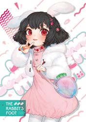 Rule 34 | 1girl, :p, animal ears, bag, black hair, blush, bow, candy, carrot, commentary request, cowboy shot, dress, drop shadow, food, fur jacket, gotou (nekocat), hair ornament, hairclip, hand up, heart, heart hair ornament, highres, hood, hooded jacket, inaba tewi, jacket, lollipop, long sleeves, looking at viewer, nail polish, pantyhose, pink bow, pink dress, rabbit ears, red eyes, red nails, short dress, short hair, smile, solo, standing, tongue, tongue out, touhou, v, white background, white jacket, white pantyhose