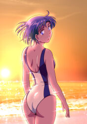 Rule 34 | 1girl, ass, back cutout, beack, bishoujo senshi sailor moon, blue hair, blue one-piece swimsuit, clothing cutout, dusk, ear piercing, from behind, kaze no ryuuryuu, looking back, mizuno ami, ocean, one-piece swimsuit, outdoors, piercing, short hair, sky, solo, sparkle, standing, sunset, swimsuit, two-tone one-piece swimsuit, white one-piece swimsuit, wind
