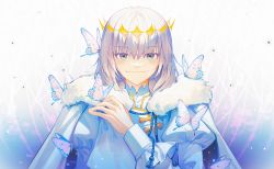 Rule 34 | 1boy, absurdres, blue eyes, blush, bug, cloak, closed mouth, crown, diamond hairband, fate/grand order, fate (series), fur-trimmed cloak, fur collar, fur trim, gold trim, grey hair, highres, long sleeves, looking at viewer, male focus, md5 mismatch, medium hair, no wings, oberon (fate), official alternate costume, puffy sleeves, resolution mismatch, shir l1, smile, solo, source smaller, upper body, white cloak, white hair