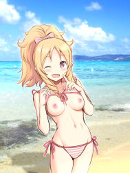 Rule 34 | 10s, 1girl, beach, bikini, bikini top lift, blonde hair, blue sky, blush, bow, breasts, brown eyes, clothes lift, cloud, commentary request, day, drill hair, eromanga sensei, finger to mouth, flashing, front-tie top, hair bow, harukigenia, lifting own clothes, long hair, looking at viewer, medium breasts, navel, nipples, ocean, one eye closed, open mouth, outdoors, pink bikini, pink bow, pointy ears, ponytail, side-tie bikini bottom, sky, smile, solo, striped bikini, striped clothes, swimsuit, twin drills, water, yamada elf