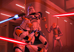 3boys absurdres armor bald captain_rex clone_trooper commander_cody dual_wielding explosive grenade gun handgun helmet highres holding holding_gun holding_weapon indoors laser multiple_boys omercan_cirit science_fiction star_wars star_wars:_unlimited weapon white_armor