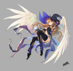 Rule 34 | 1girl, angel wings, arm up, arm warmers, armpits, black gloves, black hat, black thighhighs, blonde hair, blue eyes, breasts, cape, commentary request, feathered wings, full body, gloves, grey background, grin, hat, high heels, holding, large breasts, long hair, looking at viewer, loose socks, mag (mag42), midriff, original, revealing clothes, simple background, smile, socks, solo, thighhighs, wavy hair, wings, witch hat