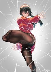 Rule 34 | 1girl, akaza, black hair, breasts, broken glass, commentary request, crack, cracked glass, drawing tablet, dress, earrings, feet, foot focus, foot out of frame, foreshortening, glass, gold earrings, gradient background, grey background, hairband, hand up, highres, jewelry, kicking, incoming kick, large breasts, leg up, looking at viewer, mixed-language commentary, no shoes, off-shoulder sweater, off shoulder, pantyhose, red dress, red sweater, shadow, shattered, short hair with long locks, soles, solo, spy x family, sweater, sweater dress, thighs, through medium, through screen, toes, twisted torso, twitter username, yor briar