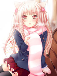 Rule 34 | 1girl, animal ears, bench, black thighhighs, blonde hair, blush, breath, cat ears, cocoa (cafe-hotcocoa), looking at viewer, open mouth, orange eyes, original, pink scarf, scarf, shino (endyy), sitting, skirt, solo, striped clothes, striped scarf, thighhighs, twintails