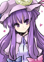 Rule 34 | 1girl, bow, close-up, coo (coonekocoo), female focus, hair bow, hat, heart, patchouli knowledge, purple eyes, purple hair, smile, solo, touhou, tsurime, upper body