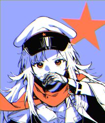 Rule 34 | 1girl, absurdres, blanchat, blue background, commentary, girls&#039; frontline, gloves, greyscale with colored background, hat, highres, long hair, long sleeves, looking at viewer, makarov (girls&#039; frontline), orange eyes, orange scarf, peaked cap, scarf, simple background, solo, spot color, upper body