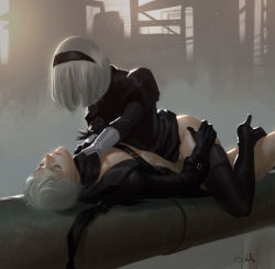 Rule 34 | 1boy, 1girl, asphyxiation, assertive female, black thighhighs, boots, bottomless, choker, clothed sex, couple, feather-trimmed sleeves, femdom, girl on top, hair over face, hairband, hetero, high heel boots, high heels, highres, nier (series), nier:automata, open clothes, penis, sex, short hair, silver hair, straddling, strangling, thighhighs, uncensored, ursula dorada, 2b (nier:automata), 9s (nier:automata)