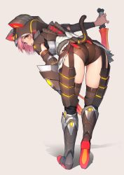 Rule 34 | 1girl, absurdres, almudron (armor), ass, bent over, blush, character request, commentary request, from behind, full body, grey background, highres, holding, holding knife, holding weapon, knife, looking at viewer, looking back, monster hunter (series), open mouth, pink hair, shadow, short hair, simple background, solo, standing, sy4, tail, weapon, yellow eyes