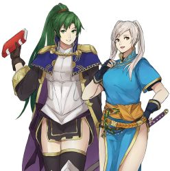 Rule 34 | 2girls, armor, breasts, cape, cleavage, cosplay, costume switch, fire emblem, fire emblem: the blazing blade, fire emblem awakening, fire emblem heroes, gloves, green hair, kamu (kamuuei), long hair, lyn (fire emblem), lyn (fire emblem) (cosplay), multiple girls, nintendo, ponytail, robe, robin (female) (fire emblem), robin (fire emblem), smile, sword, thighs, twintails, very long hair, weapon, white background, white hair