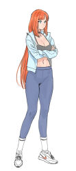 Rule 34 | 1girl, arms under breasts, black choker, black tank top, blue eyes, blue jacket, blue pants, breasts, choker, cleavage, closed mouth, crossed arms, expressionless, full body, genshin impact, highres, jacket, large breasts, light blue jacket, long hair, long legs, long sleeves, looking ahead, midriff, navel, nilou (genshin impact), open clothes, open jacket, orange hair, pants, radiocupcake, shoes, simple background, socks, solo, sportswear, standing, straight hair, tank top, tight clothes, tight pants, very long hair, white background, white footwear, white socks, yoga pants