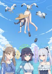 Rule 34 | 4girls, absurdres, bare arms, bare legs, barefoot, bikini, bikini bottom pull, bird, black ribbon, blue archive, blue bow, blue eyes, blue headwear, blue one-piece swimsuit, blue sky, bow, braid, bucket hat, casual one-piece swimsuit, cloud, collarbone, commentary, crocs, crying, day, doodle sensei (blue archive), feet, flying, green eyes, hair bow, hair ribbon, halo, hat, highres, legs, long hair, looking at another, low twin braids, miyako (blue archive), miyako (swimsuit) (blue archive), miyu (blue archive), miyu (swimsuit) (blue archive), moe (blue archive), moe (swimsuit) (blue archive), multiple girls, ocean, official alternate costume, one-piece swimsuit, outdoors, ponytail, pulling another&#039;s clothes, rabbit platoon (blue archive), rash guard, ribbon, saki (blue archive), saki (swimsuit) (blue archive), sandals, seagull, sensei (blue archive), short hair, simoumi 217, sky, speech bubble, sunlight, swimsuit, tears, toes, twin braids, twintails, water, wedgie, white ribbon, yellow eyes