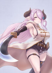 Rule 34 | 1girl, armpits, asymmetrical gloves, black gloves, black thighhighs, blue eyes, bottomless, braid, breasts, draph, elbow gloves, gloves, granblue fantasy, hair over one eye, highres, holding, holding weapon, horns, katana, large breasts, light purple hair, long hair, looking at viewer, low tied hair, narmaya (granblue fantasy), pointy ears, purple hair, sheath, single braid, single thighhigh, sleeveless, solo, sword, teriton, thigh strap, thighhighs, uneven gloves, weapon