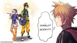 Rule 34 | 3boys, belt, black hair, black jacket, black vest, boots, brown hair, cioccolatodorima, comic, confused, donald duck, english text, goggles, goggles on head, goofy, hat, hood, hoodie, jacket, kingdom hearts, kingdom hearts iii, male focus, multiple boys, nomura tetsuya (style), pants, shield, silver hair, sora (kingdom hearts), sparkle, spiked hair, squinting, staff, thigh boots, thighhighs, vest, white pants, yellow pants