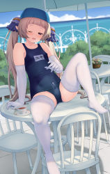 Rule 34 | 1boy, after masturbation, blonde hair, blunt bangs, blush, bulge, covered erect nipples, crossdressing, cum, cum in clothes, cum through clothes, ejaculation, elbow gloves, gloves, highres, long hair, male focus, masturbation, nishiyama maruta, one-piece swimsuit, one eye closed, open mouth, pointy ears, princess connect!, purple eyes, school swimsuit, sitting, solo, spread legs, swim cap, swimsuit, thighhighs, trap, white gloves, white thighhighs, yuki (princess connect!)