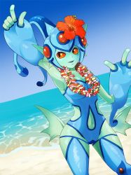 Rule 34 | 1girl, beach, breasts, clothing cutout, digimon, frog, frog girl, helmet, navel cutout, one-piece swimsuit, ranamon, red eyes, solo, swimsuit, wide hips