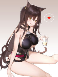 Rule 34 | 1girl, :q, absurdres, animal ears, arknights, bare shoulders, belt, black one-piece swimsuit, blush, breasts, brown eyes, brown hair, collar, cup, drinking glass, earrings, hair between eyes, heart, highres, jewelry, large breasts, long hair, looking at viewer, mole, mole on breast, navel, official alternate costume, one-piece swimsuit, sideboob, sitting, skyfire (arknights), skyfire (temperature difference) (arknights), smile, solo, spoken heart, swimsuit, tongue, tongue out, very long hair, walkie-talkie, yykuaixian