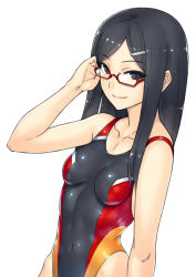 Rule 34 | 1girl, adjusting hair, black eyes, breasts, collarbone, competition swimsuit, covered navel, glasses, hair ornament, hairclip, highleg, highleg swimsuit, katagiri (a1466502), long hair, looking at viewer, navel, one-piece swimsuit, original, red-framed eyewear, semi-rimless eyewear, simple background, small breasts, smile, solo, swimsuit, under-rim eyewear, white background