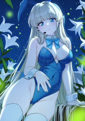 Rule 34 | 1girl, absurdres, animal ears, aqua bow, aqua bowtie, blonde hair, blue archive, blue eyes, blue hairband, blue leotard, bow, bowtie, breasts, covered navel, detached collar, earpiece, fake animal ears, flower, hairband, halo, highleg, highleg leotard, highres, large breasts, leotard, long hair, looking at viewer, night, official alternate costume, playboy bunny, rabbit ears, sky, solo, star (sky), starry sky, strapless, strapless leotard, thighhighs, toki (blue archive), toki (bunny) (blue archive), white thighhighs, white wrist cuffs, wrist cuffs, zhanzheng zi