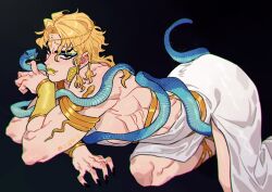 Rule 34 | 1boy, absurdres, ass, backless dress, backless outfit, black background, black nails, blonde hair, blue eyeshadow, bracelet, braid, dio brando, dress, earrings, eyeshadow, fangs, highres, honlo, jewelry, jojo no kimyou na bouken, long hair, looking at viewer, lying, makeup, male focus, muscular, muscular male, on stomach, pectorals, red eyes, snake, solo, thighs, white dress, yellow lips