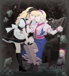 Rule 34 | 2girls, alice margatroid, bad id, bad pixiv id, blonde hair, boots, brown legwear, chair, cross-laced footwear, doll, face-to-face, female focus, fingerless gloves, frills, gloves, hairband, kirisame marisa, lace-up boots, long hair, multiple girls, ofuton zeb, pantyhose, power-up, shanghai doll, short hair, sitting, string, touhou, yellow eyes, yuri