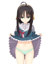 Rule 34 | 1girl, absurdres, ahoge, black hair, bow, clothes lift, commentary, cowboy shot, floral print, frilled skirt, frills, frown, furrowed brow, gluteal fold, green eyes, green jacket, green panties, green skirt, groin, hair between eyes, hair ornament, highres, hitachi mako, jacket, kaon zz, lifting own clothes, long sleeves, looking at viewer, navel, open mouth, panties, presenting, pussy juice, red bow, sailor collar, school uniform, senren banka, short hair with long locks, shy, simple background, skirt, skirt lift, solo, standing, stomach, straight-on, straight hair, tassel, tassel hair ornament, underwear, white background, white sailor collar, yellow tassel