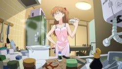 Rule 34 | 00s, 1girl, absurdres, apron, blue eyes, brown hair, cooking, evangelion: 2.0 you can (not) advance, female focus, highres, indoors, long hair, neon genesis evangelion, rebuild of evangelion, solo, souryuu asuka langley, toshi (anime coloring), vector trace
