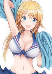 Rule 34 | 1girl, :d, arm up, armpits, bare arms, blonde hair, blue eyes, blue skirt, blush, breasts, breasts apart, cheerleader, collarbone, crop top, front-tie top, hachimiya meguru, hand up, head tilt, holding, holding pom poms, idolmaster, idolmaster shiny colors, large breasts, long hair, looking at viewer, low twintails, midriff, nannacy7, navel, open mouth, pom pom (cheerleading), shirt, sidelocks, simple background, skirt, sleeveless, sleeveless shirt, smile, solo, stomach, twintails, upper body, white background, white shirt, wing collar