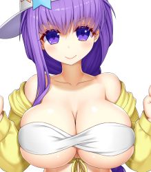Rule 34 | &gt;:), 1girl, asamura hiori, bare shoulders, bb (fate), bb (fate) (all), bb (swimsuit mooncancer) (fate), bb (swimsuit mooncancer) (first ascension) (fate), bikini, blush, braid, breasts, cleavage, closed mouth, collarbone, commentary request, fate/grand order, fate (series), front-tie top, hair between eyes, hands up, hat, head tilt, highres, jacket, large breasts, long hair, long sleeves, looking at viewer, md5 mismatch, off shoulder, purple eyes, purple hair, shiny skin, sidelocks, sideways hat, simple background, single braid, skindentation, smile, solo, star (symbol), swimsuit, underbust, upper body, v-shaped eyebrows, white background, white bikini, white hat, yellow jacket