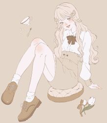 Rule 34 | 1girl, arm support, blonde hair, blush, bow, bowtie, brown background, brown bow, brown bowtie, brown footwear, brown ribbon, brown skirt, brown theme, collared shirt, cup, flower, full body, high-waist skirt, highres, horns, knees up, long hair, long sleeves, looking at viewer, muted color, open mouth, original, ribbon, sepia, shim 46, shirt, shirt tucked in, shoes, simple background, sitting, skirt, smile, socks, solo, spoon, sugar cube, teacup, tulip, wavy hair, white flower, white shirt, white socks