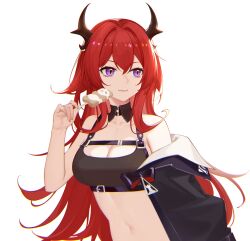 Rule 34 | 1girl, adapted costume, arknights, bare shoulders, black jacket, breasts, cleavage, commentary, crop top, food, hand up, highres, holding, holding food, horns, hymxiaocyan, jacket, large breasts, long hair, midriff, navel, off shoulder, popsicle, purple eyes, red hair, simple background, smile, solo, sports bra, stomach, surtr (arknights), upper body, very long hair, white background