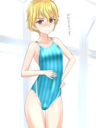 Rule 34 | 10s, 1girl, asparagus (girls und panzer), bad id, bad pixiv id, blonde hair, blue eyes, breasts, competition swimsuit, girls und panzer, girls und panzer ribbon no musha, gradient background, highres, one-piece swimsuit, short hair, small breasts, solo, striped, striped background, swimsuit, takafumi, text focus, translated
