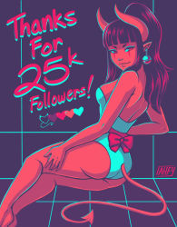 Rule 34 | 1girl, :3, artist request, ass, back, bare arms, bare back, bare shoulders, barefoot, black hair, breasts, colored skin, demon girl, demon tail, earrings, facial mark, female focus, heart, horns, iahfy, jewelry, leotard, limited palette, looking at viewer, looking back, milestone celebration, one-piece swimsuit, original, pointy ears, ponytail, red eyes, red ribbon, red skin, ribbon, sideboob, sitting, solo, strapless, strapless leotard, strapless one-piece swimsuit, swimsuit, synth (iahfy), tail