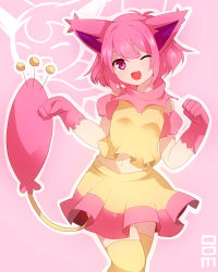 Rule 34 | 1girl, ;d, animal ears, cat ears, cat tail, creatures (company), fang, game freak, gen 3 pokemon, gloves, highres, midriff, navel, nintendo, one eye closed, open mouth, paw pose, personification, pink gloves, pink hair, pokedex number, pokemon, pokemon (creature), short hair, skirt, skitty, smile, tail, thighhighs, wink, yellow thighhighs, zettai ryouiki, zinpati