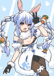 Rule 34 | 1girl, :3, :d, animal ear fluff, animal ears, arm up, black gloves, blue background, blue dress, blue hair, braid, breasts, bridal garter, buck teeth, carrot hair ornament, chained tan, commentary, dithering, don-chan (usada pekora), dress, english commentary, food-themed hair ornament, fur-trimmed dress, fur scarf, fur trim, gloves, hair ornament, hand up, hikimayu, hololive, leotard, leotard under clothes, long hair, looking at viewer, multicolored hair, open mouth, pantyhose, rabbit-shaped pupils, rabbit ears, rabbit girl, rabbit tail, scrunchie, short eyebrows, small breasts, smile, solo, strapless, strapless leotard, swept bangs, symbol-shaped pupils, tail, teeth, thick eyebrows, twin braids, twintails, two-tone hair, upper body, usada pekora, usada pekora (1st costume), v, virtual youtuber, white dress, white hair, wrist scrunchie