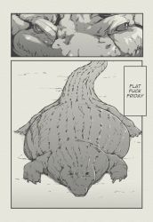 Rule 34 | alligator, animal, commentary, crocodilian, english commentary, english text, flat fuck friday (meme), greyscale, looking at viewer, lying, meme, monochrome, no humans, on stomach, original, photo-referenced, profanity, tail, tyrone