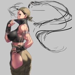Rule 34 | 1girl, ass, bandana, bare shoulders, black hair, breasts, brown eyes, fingerless gloves, gloves, grey background, hip vent, ibuki (street fighter), japanese clothes, large breasts, muscular, muscular female, shu-mai, solo, street fighter, street fighter iii (series), unfinished