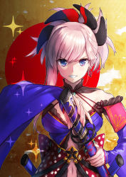 Rule 34 | 1girl, asymmetrical hair, blue eyes, breasts, earrings, fate/grand order, fate (series), green322, halterneck, highres, holding, holding sword, holding weapon, jewelry, katana, long hair, long sleeves, looking at viewer, magatama, medium breasts, miyamoto musashi (fate), miyamoto musashi (third ascension) (fate), navel, pink hair, sheath, sheathed, solo, sword, v-shaped eyebrows, weapon, wide sleeves