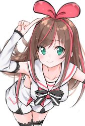 Rule 34 | 1girl, arm warmers, armpits, arms up, bow, breasts, brown hair, closed mouth, collarbone, commentary request, green eyes, hair bow, hairband, hand up, hashiko nowoto, highres, kizuna ai, kizuna ai inc., leaning forward, long hair, looking at viewer, medium breasts, multicolored hair, pink bow, pink hair, pink hairband, pointing, pointing up, sailor collar, shirt, short shorts, shorts, simple background, sleeveless, sleeveless shirt, smile, solo, streaked hair, tareme, thighhighs, two-tone hair, virtual youtuber, white background, white thighhighs