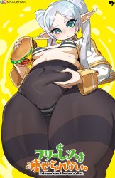 Rule 34 | 1girl, bikini, breasts, burger, cameltoe, cleavage, cleft of venus, elf, elf-san wa yaserarenai., food, frieren, grabbing own stomach, grey hair, highres, holding, holding food, krokobyaka, pantyhose, parody, plump, pointy ears, small breasts, solo, sousou no frieren, striped bikini, striped clothes, swimsuit, thick thighs, thighs, twintails, wide hips, yellow background