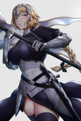 Rule 34 | 1girl, absurdres, armor, armored dress, black thighhighs, blonde hair, blue eyes, braid, breasts, chain, fate/apocrypha, fate/grand order, fate (series), flag, flagpole, french braid, gauntlets, headpiece, highres, holding, holding flag, jeanne d&#039;arc (fate), large breasts, looking at viewer, parted lips, sheath, sheathed, single braid, solo, souma (so u maaaaa), sword, thick thighs, thighhighs, thighs, weapon, zettai ryouiki
