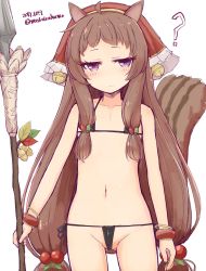 Rule 34 | 1girl, ?, acorn hair ornament, ahoge, animal ears, bangle, bare shoulders, bell, bikini, black bikini, blush, bracelet, closed mouth, collarbone, commentary request, cowboy shot, dated, gluteal fold, groin, hair bobbles, hair ornament, hakuun (m2230), head scarf, highres, holding, holding polearm, holding spear, holding weapon, jewelry, jingle bell, jitome, long hair, looking at viewer, low-tied long hair, micro bikini, navel, polearm, princess connect!, purple eyes, rin (princess connect!), side-tie bikini bottom, sidelocks, simple background, solo, spear, squirrel ears, squirrel girl, squirrel tail, swimsuit, tail, tail raised, twitter username, very long hair, weapon, white background