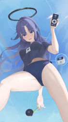 Rule 34 | absurdres, bad id, bad pixiv id, blue archive, blue sky, bottle, highres, renge (730), sky, stopwatch, thighs, watch, water bottle, yuuka (blue archive), yuuka (track) (blue archive)