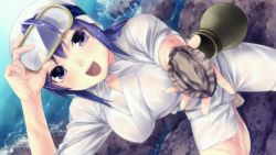 Rule 34 | 1girl, :d, abalone, barefoot, blue hair, diving goggles, diving mask, diving mask on head, dutch angle, game cg, goggles, goggles on head, highres, hirano katsuyuki, holding, japanese clothes, kneeling, looking at viewer, love application, open mouth, outstretched hand, purple eyes, see-through, smile, takigawa aoi, teeth, toes, touch shiyo!, water, wet