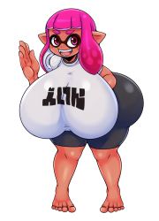 Rule 34 | 1girl, ass, breasts, fangs, feet, gigantic breasts, highres, huge ass, huge breasts, inkling player character, mato spectoru, nintendo, pink eyes, pink hair, pointy ears, shirt, shorts, smile, solo, splatoon (series), squid girl, tentacle hair, thick thighs, thighs, white background