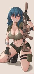 Rule 34 | 1girl, absurdres, alternate costume, bandages, black footwear, black shorts, blue eyes, blue hair, boots, breasts, byleth (female) (fire emblem), byleth (fire emblem), cleavage, commentary, crop top, fire emblem, fire emblem: three houses, grey background, grey tank top, grin, gun, handgun, highres, holding, holding gun, holding weapon, iampatty, kneeling, large breasts, long hair, midriff, navel, nintendo, pouch, rifle, short shorts, shorts, shrug (clothing), simple background, smile, solo, stomach, tank top, thigh strap, thighs, weapon